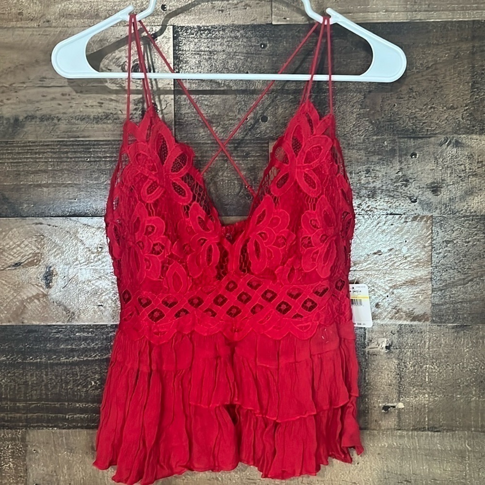 Free People Adella Lace Smock Back Ruffle Cotton Blend Back Detail Cami Red
